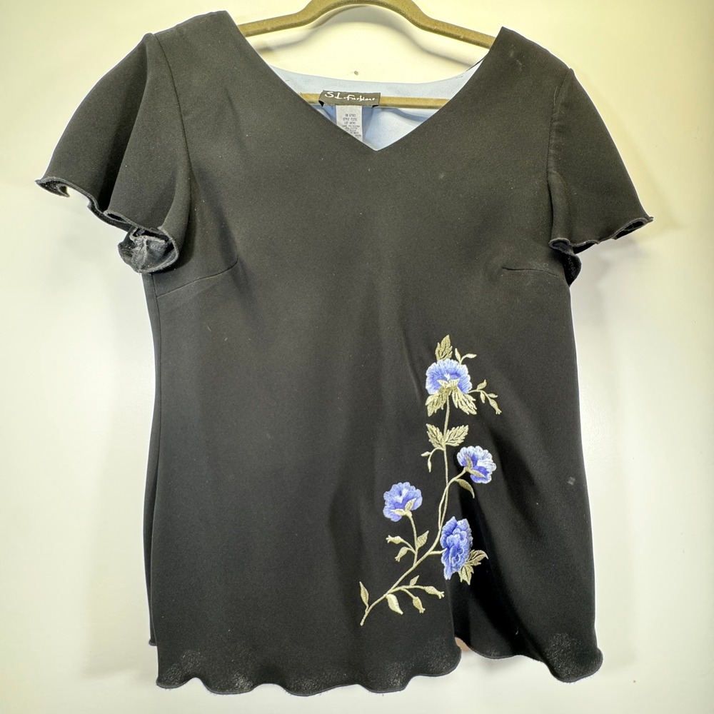 VTG SL Fashions Floral Top Women Size 14 Black Blue Embroidered Flutter Sleeve